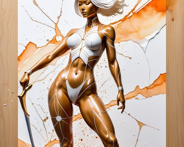 Bronze Female Figure with Sword and Watercolor Background