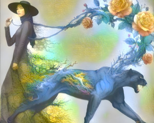Woman in Black Dress with Blue Panther and Flowers