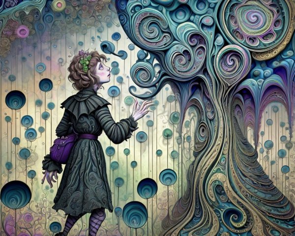 Whimsical Scene of a Girl and a Surreal Tree Formation