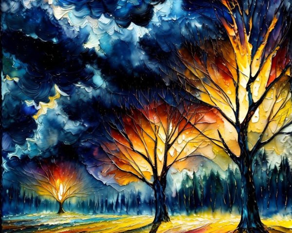 Vibrant Dusk Landscape with Silhouetted Trees