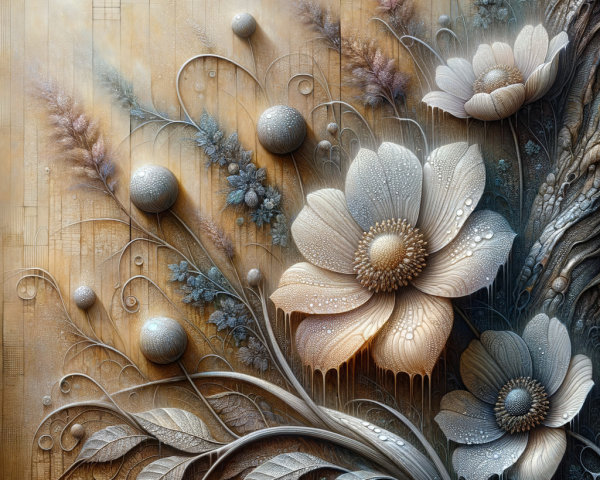Floral Composition with Beige Flowers and Blue Accents