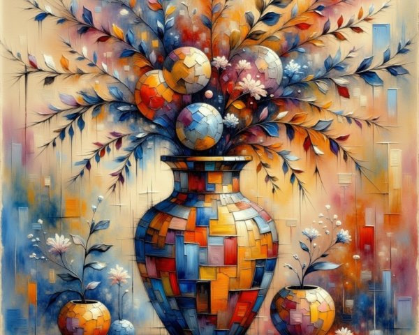 Vibrant Abstract Painting with Geometric Vase and Flowers