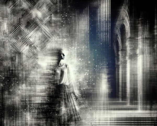 Surreal Scene of Vintage Figure in Abstract Space