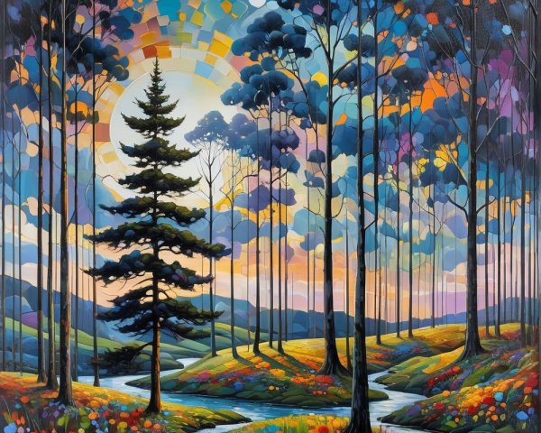 Vibrant Landscape with Trees and Colorful Skies