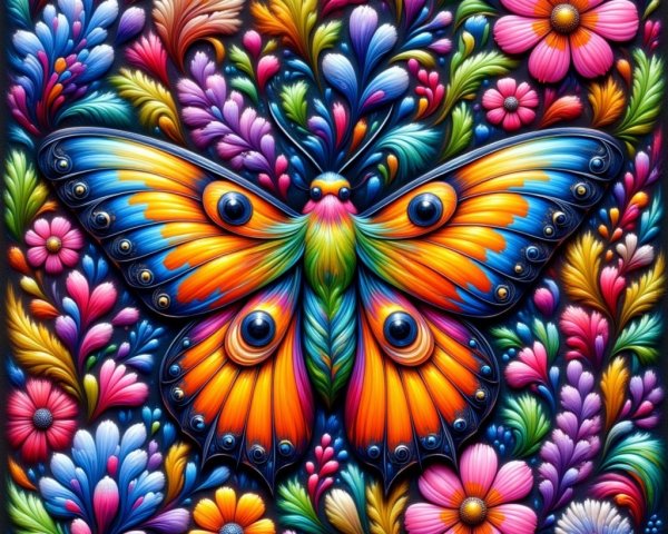 Vibrant Butterfly Amidst Colorful Floral Backdrop