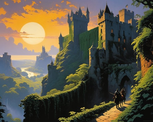 Medieval Landscape with Castles and Knights at Sunset