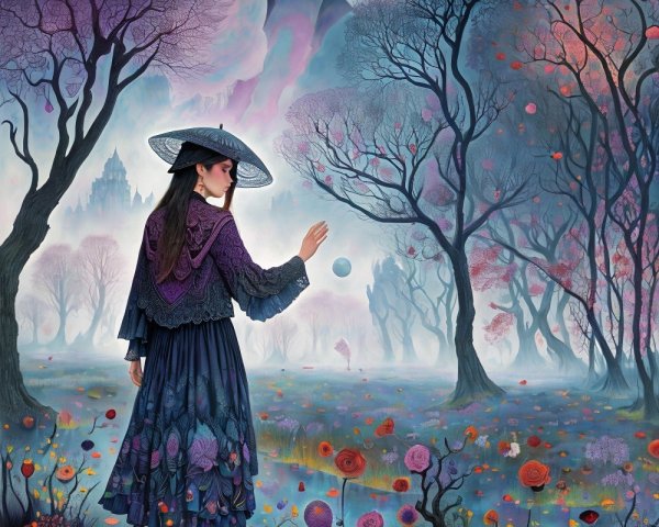 Mysterious Landscape with Floral Dress and Two Moons
