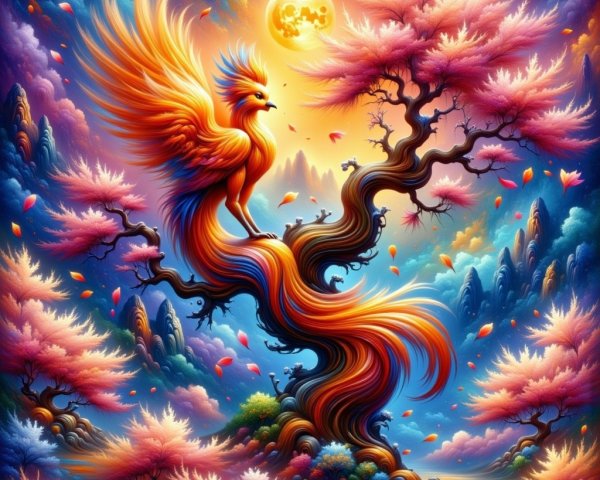 Majestic phoenix on a twisting tree with blossoms
