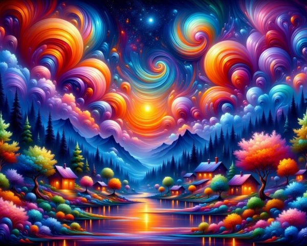 Vibrant Landscape with Colorful Clouds and Cottages