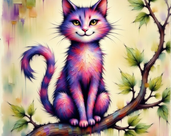 Colorful Cat on Branch in Dreamy Pastel Background