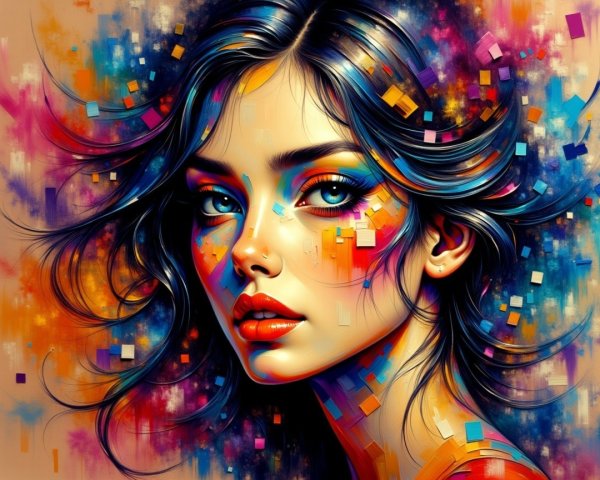 Portrait of a Young Woman with Vivid Colors and Shapes