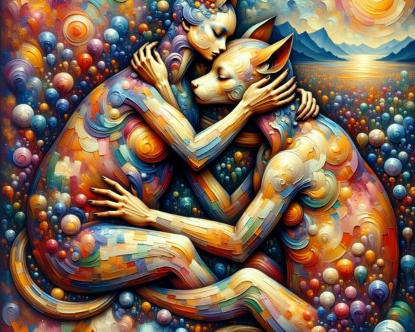 Abstract Figures of Person and Dog in Colorful Embrace