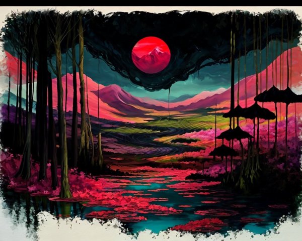 Surreal Landscape with Pink Foliage and Glowing Sun
