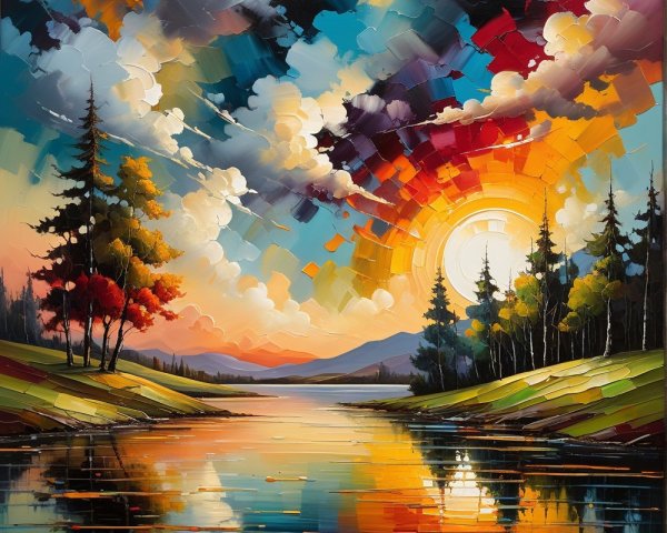 Vibrant Landscape with Lake and Dramatic Sunset