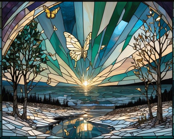 Stained Glass Artwork of Sunset Landscape with Butterflies