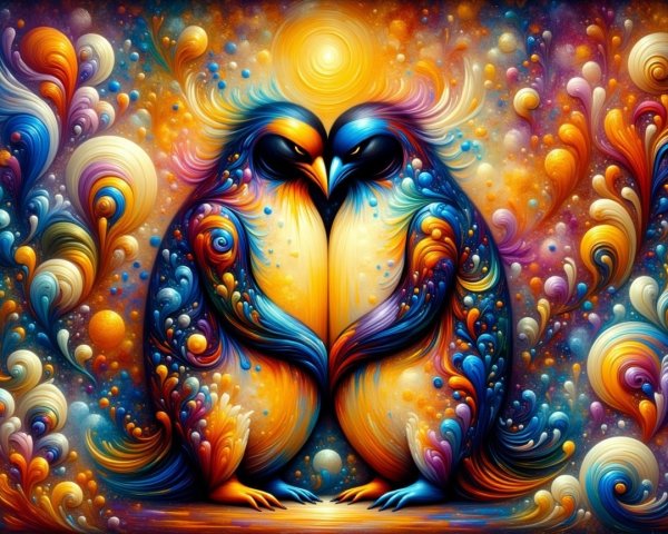 Stylized Birds with Vibrant Colors and Abstract Swirls