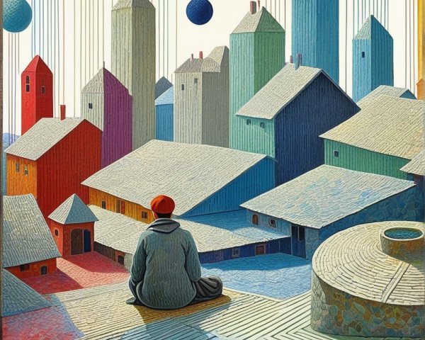 Contemplative Figure Overlooks Surreal Cityscape