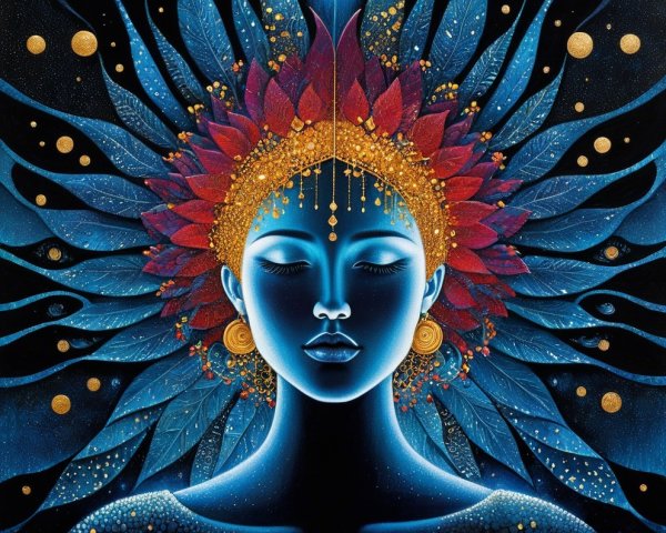 Serene Female Figure Surrounded by Vibrant Patterns