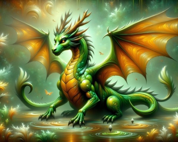 Majestic dragon in vibrant greens and golds backdrop
