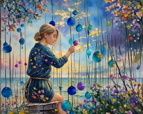 Serene Landscape with Girl and Colorful Glass Orbs