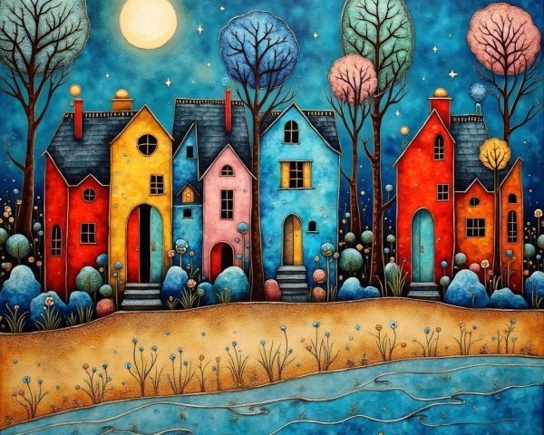 Charming Colorful Houses Under a Moonlit Sky
