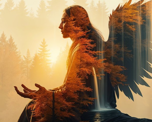 Serene Figure with Wings Amidst Autumn Foliage
