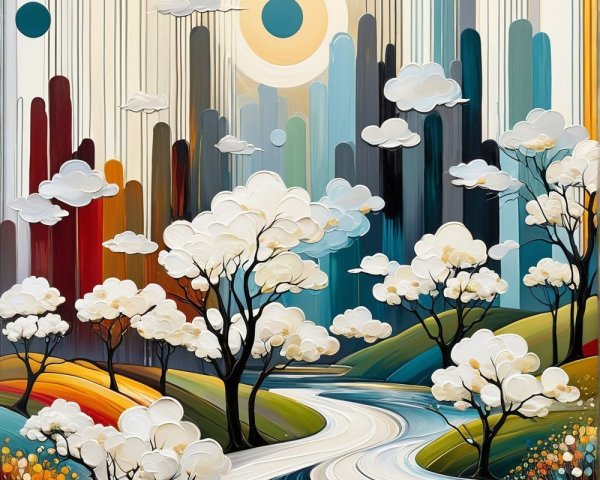 Vibrant Landscape with River and Colorful Hills