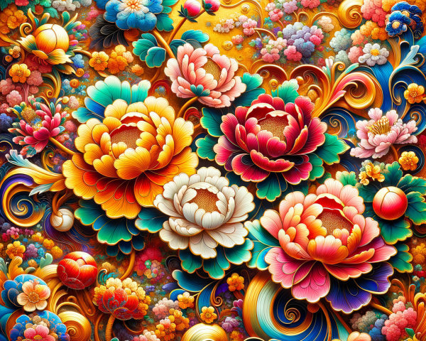 Vibrant tapestry of detailed flowers and foliage