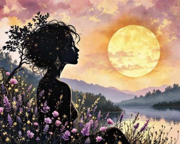 Silhouette of a Woman by a Tranquil Lake at Sunset