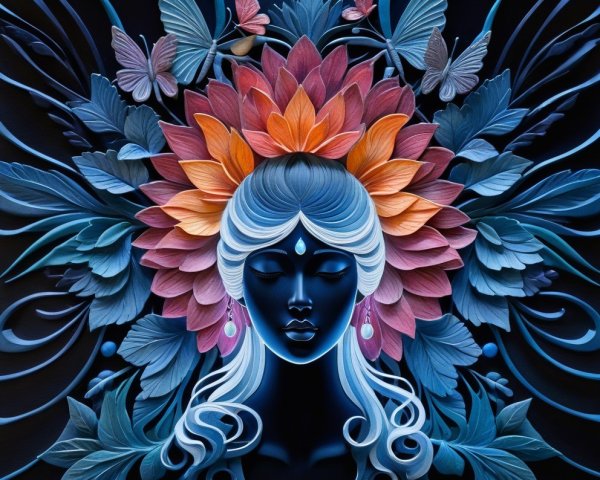 Stylized Female Face with Colorful Flowers and Butterflies