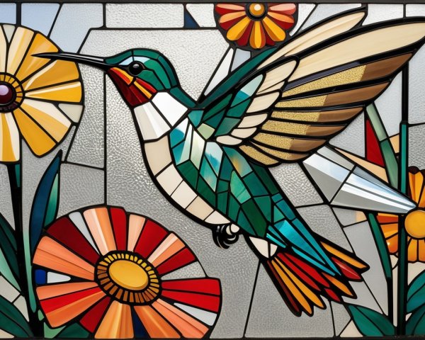 Vibrant Stained Glass Artwork of Hummingbird and Flowers