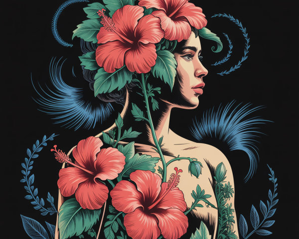 Illustration of Woman's Profile with Hibiscus Flowers
