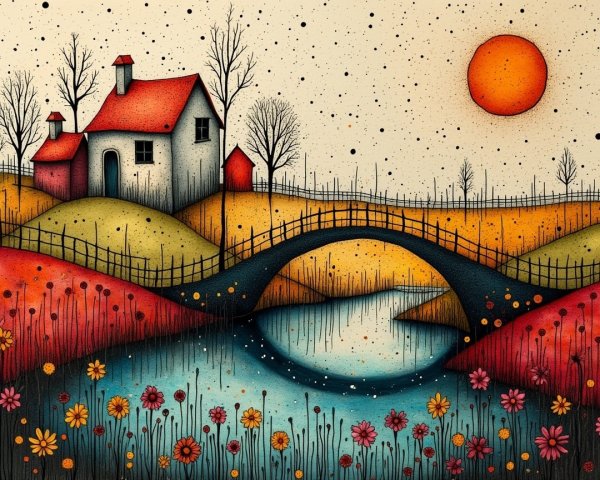 Whimsical landscape with charming house and colorful bridge