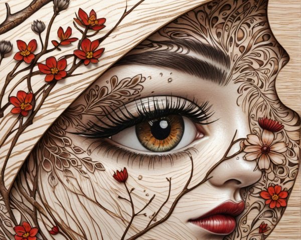 Intricate Face with Floral Patterns and Captivating Eye