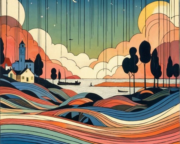 Vibrant Landscape with Waves and Quaint Village Scene