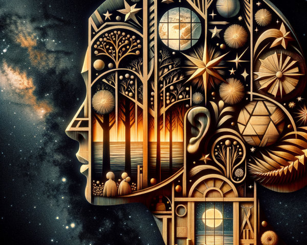 Stylized Human Profile with Nature and Cosmic Elements