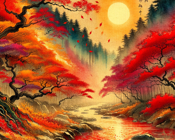 Vibrant Autumn Landscape with Serene River and Forest