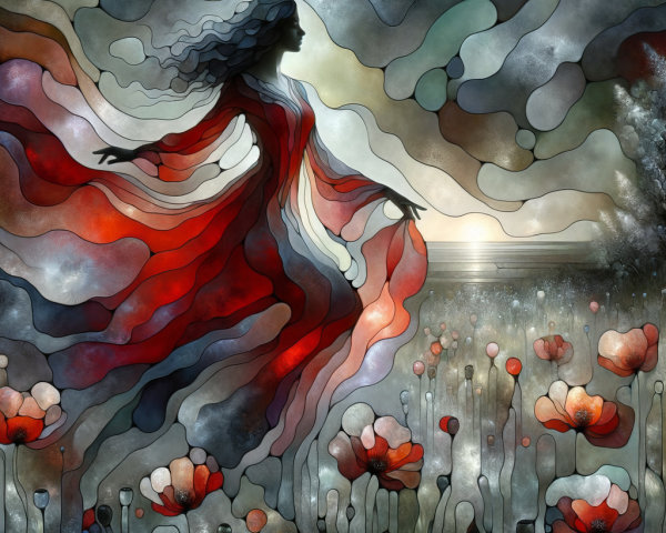 Ethereal Figure in Red Gown Dancing Among Poppies