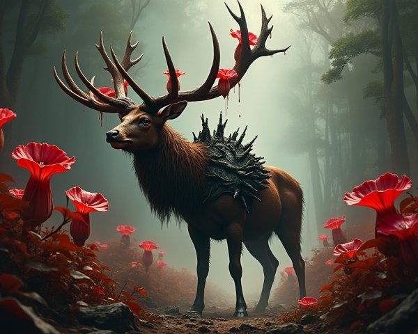 Majestic Stag in Misty Forest with Red Flowers