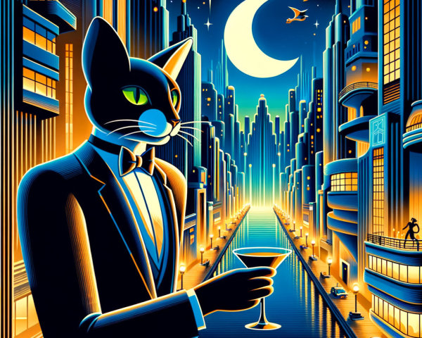 Dapper Cat in Tuxedo Overlooks Futuristic Cityscape