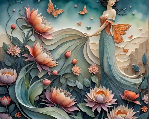 Graceful Figure in Flowing Dress Surrounded by Nature