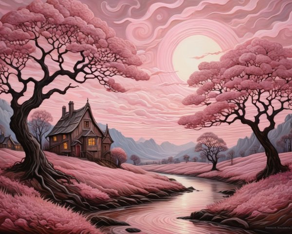 Whimsical Landscape with Cottage and Pastel Sky