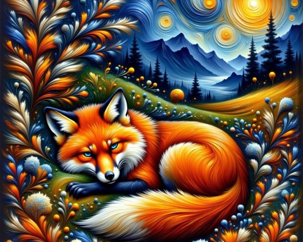 Vibrant Fox in Colorful Abstract Landscape Scene