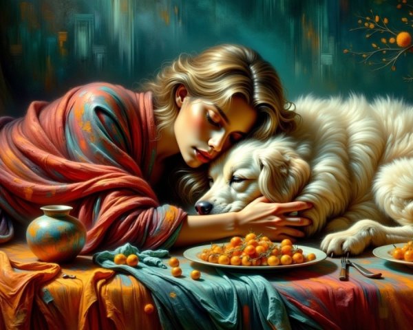 Serene Scene of Woman and Dog in Warm Colors
