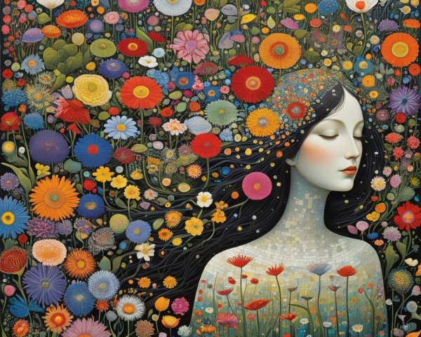 Serene Woman Amidst Vibrant Floral Landscape