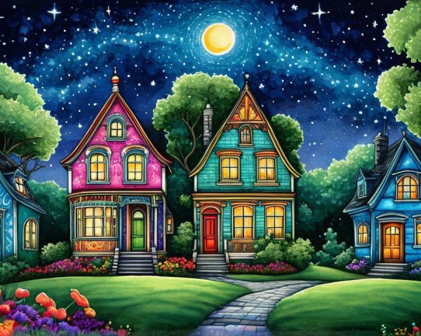 Colorful Victorian Houses in a Whimsical Night Scene
