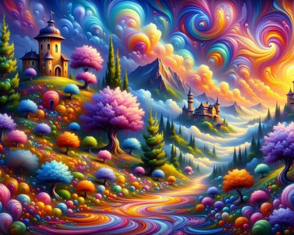 Vibrant Fantasy Landscape with Colorful Cottages