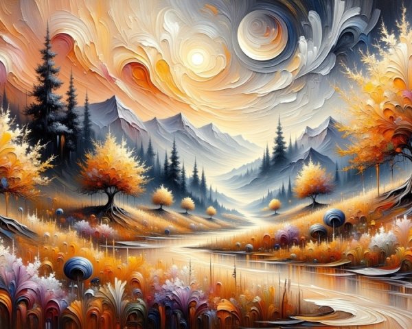 Vibrant Autumn Landscape with Serene River and Mountains
