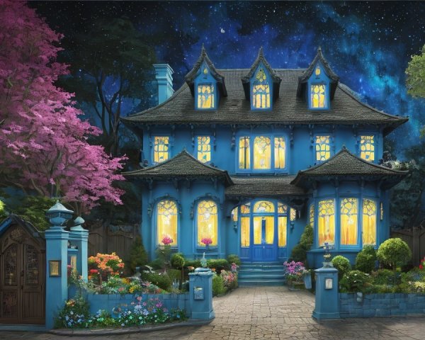 Whimsical Blue Mansion Surrounded by Vibrant Gardens
