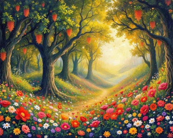 Vibrant Forest Scene with Blossoms and Colorful Flowers
